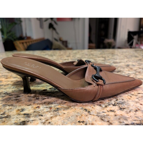 Gucci Vintage Tom Ford Era Brown Leather Black Horsebit Kitten Heel Mule Sz 7 B - Picture 5 of 8
